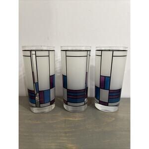 THREE TALL FROSTED BEVERAGE & ICED TEA GLASSES FLW STYLE TEAL PURPLE & BLACK WOW